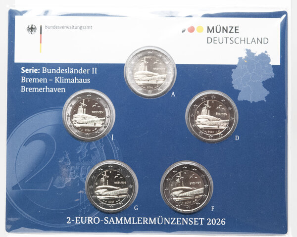 Der geschlossene offizielle Folder der Münze Deutschland für das Jahr 2026. Die Vorderseite zeigt eine ansprechende Grafik des Klimahauses Bremerhaven sowie den Schriftzug 2-Euro-Gedenkmünzenserie Bundesländer II.