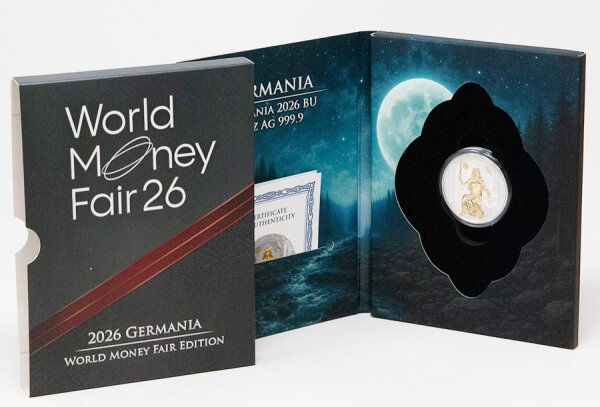 Rückseite der 5 Mark Silbermünze 2026 mit dem charakteristischen doppelköpfigen Adler der Germania Mint, der Inschrift 5 MARK und GERMANIA auf einem fein strukturierten Hintergrund.