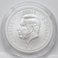 Die Vorderseite zeigt das Porträt von König Charles III. mit den Angaben CHARLES III, NIUE, 2026 und dem Nennwert 2 DOLLARS.