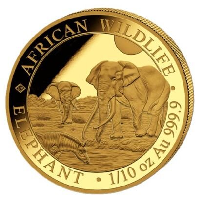 Zeigt das neue Motiv des Jahres 2026: Ein afrikanischer Elefant in einer Steppenlandschaft. Am Rand stehen die Schriftzüge AFRICAN WILDLIFE, ELEPHANT sowie 1/10 oz Au 999.9.