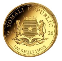 Präsentiert das Wappen der Republik Somalia. Über dem Wappen steht SOMALI REPUBLIC, darunter die Jahreszahl 2026 und der Nennwert 100 SHILLINGS.