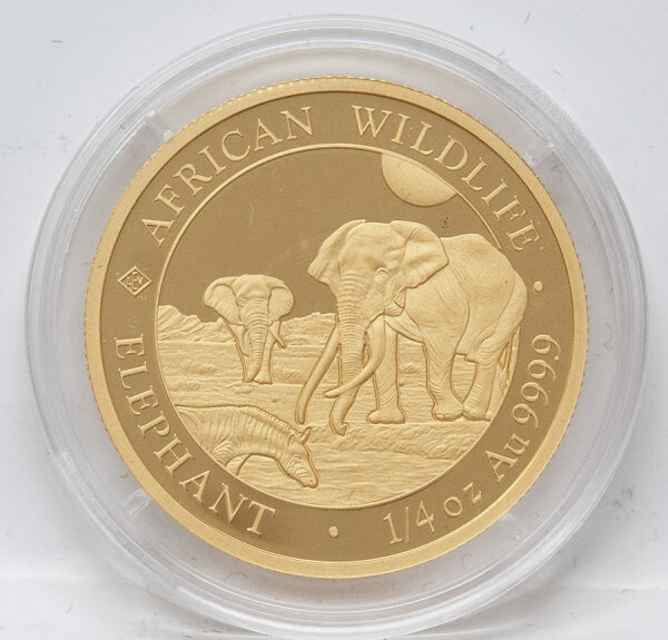 Zeigt das zentrale Motiv des Elefanten für das Jahr 2026 in der afrikanischen Steppe. Die Umschrift umfasst AFRICAN WILDLIFE, ELEPHANT sowie die Gewichts- und Materialangabe 1/4 oz Au 999.9.