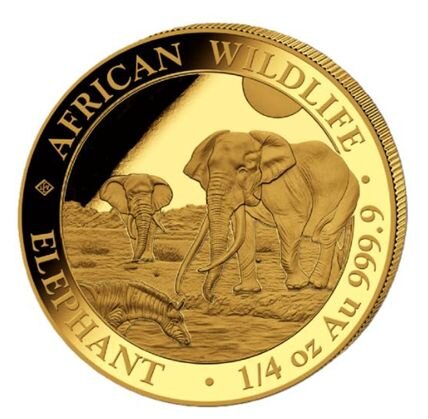 Zeigt das zentrale Motiv des Elefanten für das Jahr 2026 in der afrikanischen Steppe. Die Umschrift umfasst AFRICAN WILDLIFE, ELEPHANT sowie die Gewichts- und Materialangabe 1/4 oz Au 999.9.