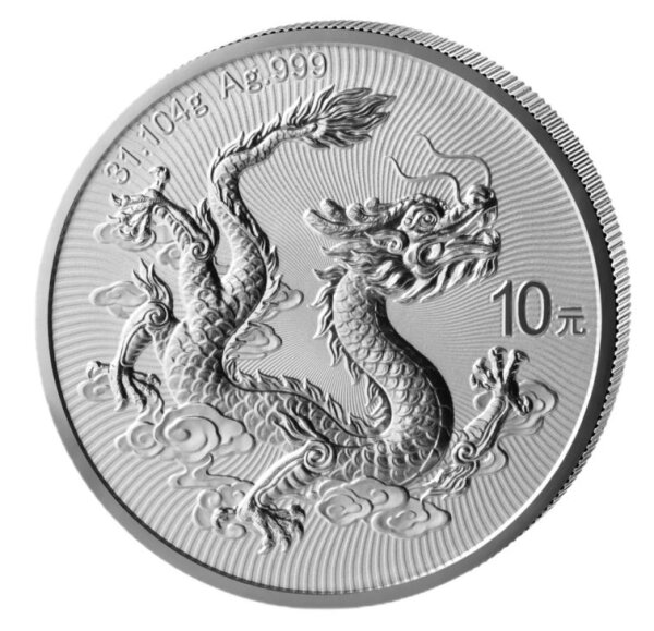 Zeigt das Motiv der Rückseite: Ein detailreich gestalteter chinesischer Drache, der sich über die Münzfläche windet. Links oben steht das Gewicht und die Feinheit 31.104g Ag .999, rechts mittig der Nennwert 10元. Der Hintergrund ist mit feinen radialen Linien versehen.