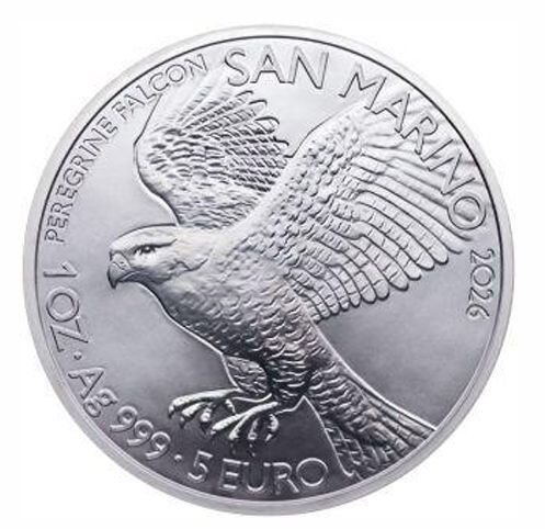 Nahaufnahme der Rückseite der 5-Euro-Silbermünze 2026 aus San Marino mit dem Motiv eines majestätischen Wanderfalken im Flug, Beschriftung PEREGRINE FALCON, 1 OZ Ag 999 und dem Nennwert 5 EURO.