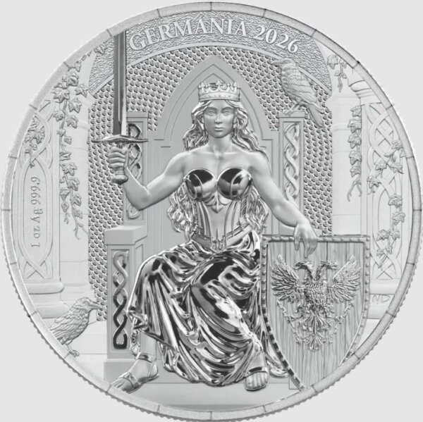 Detailreiche Rückseite der 5-Mark-Silbermünze 2026 mit dem majestätischen doppelköpfigen Adler der Germania Mint, umrahmt von feinen Ornamenten und der Aufschrift 5 MARK sowie GERMANIA.