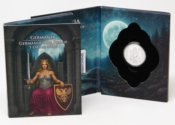 Rückseite in Polierter Platte zeigt den doppelköpfigen Adler der Germania Mint mit spiegelndem Hintergrund, Inschriften 5 MARK und GERMANIA in präziser Mattierung.