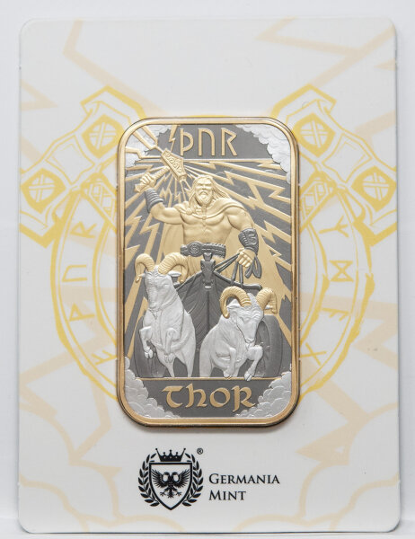 Vorderseite des Thor-Barrens im Blister, mit gold-glänzendem Hammer und Ziegenböcken auf einem reliefstarken Ruthenium-Hintergrund, inklusive Runenschrift THOR.
