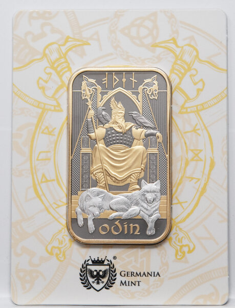 Vorderseite des Loki-Barrens im Blister, zeigt den Gott der List mit goldenem Körperrelief auf dunklem Grund, umgeben von Schlangen- und Waldmotiven.