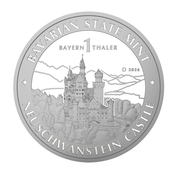 Detaillierte Rückseite des Bayern Thalers 2026 mit der Ansicht von Schloss Neuschwanstein vor Alpenkulisse, Beschriftung BAVARIAN STATE MINT, BAYERN 1 THALER und NEUSCHWANSTEIN CASTLE.