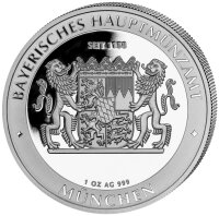 Vorderseite des Bayern Thalers zeigt das bayerische Staatswappen mit zwei Löwen, die Inschrift BAYERISCHES HAUPTMÜNZAMT, SEIT 1158, MÜNCHEN und die Angabe 1 OZ AG 999.