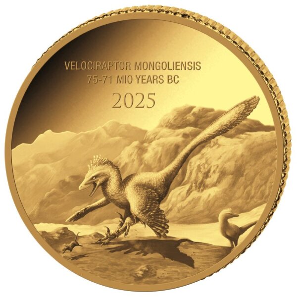 Rückseite der Goldmünze mit einer filigranen Prägung des Velociraptors, dem Schriftzug Prehistoric Life und dem Jahrgang 2025.