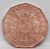 Die neuneckige Vorderseite der 5-Euro-Kupfermünze Österreich 2026, die kreisförmig angeordneten Wappenschilde der Bundesländer um den zentralen Nennwert 5.