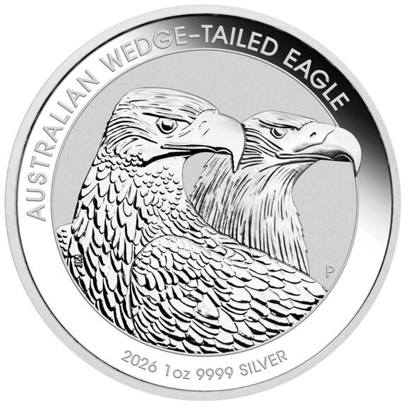 Detaillierte Rückseite der Australian Wedge-Tailed Eagle 2026 in der schützenden Originalkapsel der Perth Mint, die das kraftvolle Adler-Design von John M. Mercanti perfekt zur Geltung bringt.