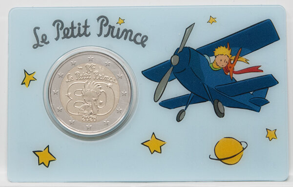 Der Kleine Prinz, umgeben von Sternen und der Länderkennung RF.