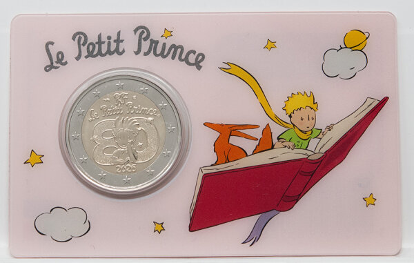 Der Kleine Prinz, umgeben von Sternen und der Länderkennung RF.