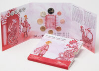 Vorderseite des farbenfrohen Folders mit dem Titel „Sprookjes“ und den niederländischen Kursmünzen 2026, die das Porträt von König Willem-Alexander zeigen.