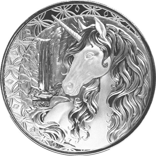 Die Rückseite zeigt ein kunstvoll gestaltetes Einhorn in einer mystischen Waldlandschaft, umgeben vom Schriftzug UNICORN und der Angabe des Feingehalts 1 TROY OZ 999 FINE SILVER.