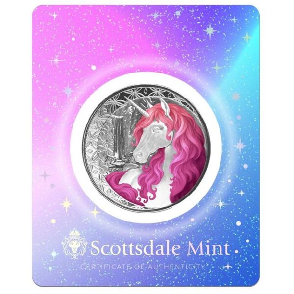 Die Rückseite zeigt das majestätische Einhorn-Design der Scottsdale Mint, wobei die fließende Mähne in harmonischen Pink- und Rosatönen (Roselle) hervorgehoben ist.
