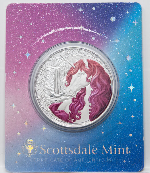 Die Rückseite zeigt das majestätische Einhorn-Design der Scottsdale Mint, wobei die fließende Mähne in harmonischen Pink- und Rosatönen (Roselle) hervorgehoben ist.