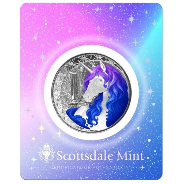 Die Rückseite zeigt das detailreiche Einhorn-Motiv von 2025, wobei die Mähne in tiefen, mystischen Blau- und Violetttönen (Celestra) koloriert ist und so eine kosmische Wirkung erzielt.