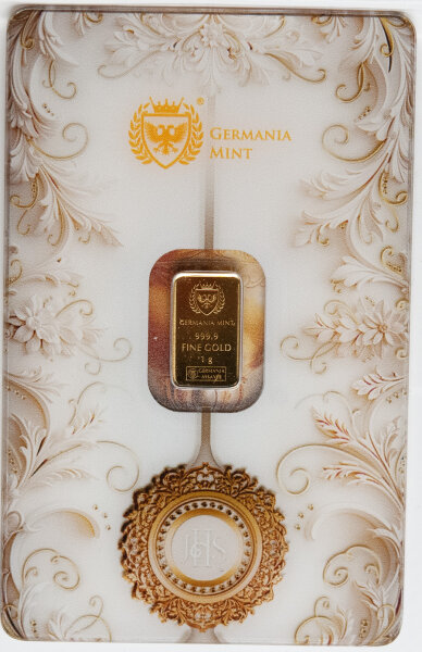 Vorderseite des 1g Goldbarrens Erstkommunion Version I mit Kelch und Hostie