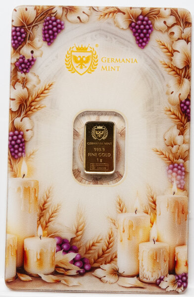 Vorderseite des 1g Goldbarrens Erstkommunion Version II mit sakralem Motiv