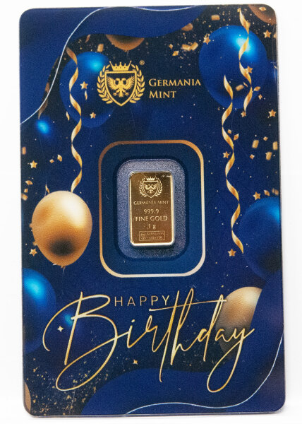 Vorderseite des 1g Goldbarrens mit festlichem Happy Birthday Design