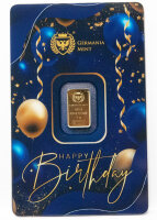 Vorderseite des 1g Goldbarrens mit festlichem Happy...