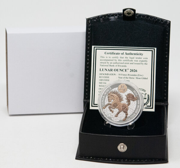 Die Rückseite zeigt ein stolzes Pferd in Rose-Teilvergoldung im Mosaik-Stil, das chinesische Schriftzeichen für Pferd und die Inschriften LUNAR OUNCE, 2026 sowie 1 oz FINE SILVER 999.