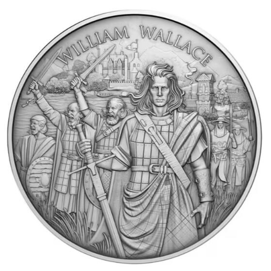 Die Rückseite der Silberround zeigt das Hauptmotiv von William Wallace. Er steht im Vordergrund in traditioneller schottischer Kleidung und hält ein großes Langschwert vor sich. Hinter ihm sind weitere Krieger mit erhobenen Schwertern und Speeren sowie eine historische Burgfestung im Hintergrund zu sehen. Am oberen Rand prangt der Name WILLIAM WALLACE.