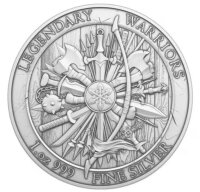 Die Vorderseite zeigt das gemeinsame Design der Legendary Warriors Serie. In der Mitte ist ein runder Schild mit einem sechsstrahligen Symbol zu sehen, um den herum verschiedene historische Waffen wie Schwerter, Äxte, Morgensterne und ein Bogen kreisförmig angeordnet sind. Am oberen Rand steht LEGENDARY WARRIORS und am unteren Rand 1 oz 999 FINE SILVER.