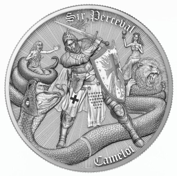 Die Rückseite der Münze zeigt den Ritter Sir Perceval in voller Rüstung mit erhobenem Schwert und Schild während eines Kampfes gegen eine gewaltige Schlange. Im Hintergrund sind eine weibliche Figur und ein Löwe zu sehen. Der obere Rand trägt den Schriftzug Sir Perceval, der untere den Namen der Serie Camelot.
