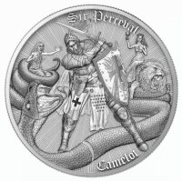 Die Rückseite der Münze zeigt den Ritter Sir...