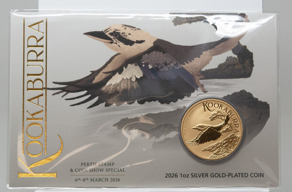 Vorderseite der gilded 1 Dollar Kookaburra Münze 2026 im Folder zur Perth Stamp and Coinshow.