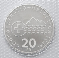 Rückseite der 20 Franken Gedenkmünze 2026 mit Schweizer Kreuz