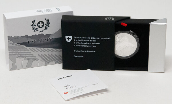 Vorderseite der 20 Franken Silbermünze 2026 - Genfer See (PP)