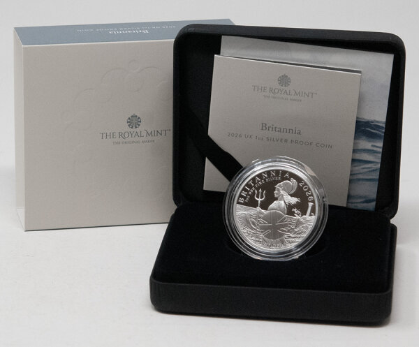 Vorderseite der 2 Pfund Britannia 1 oz Silbermünze 2026 in Polierter Platte