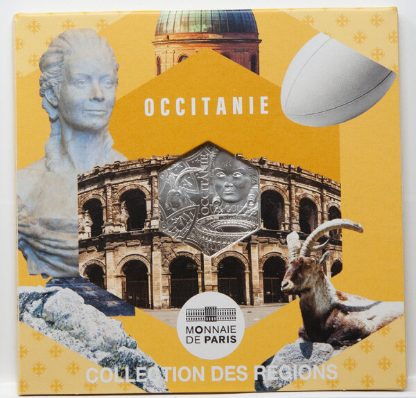 Künstlerische Darstellung der Symbole Okzitaniens auf der Motivseite.