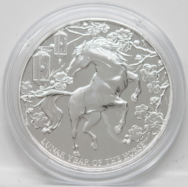 Rückseite der 50 Cent Silbermünze Pitcairn 2026 Year of the Horse mit steigendem Pferd vor Kirschblüten