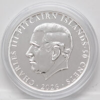 Vorderseite der 50 Cent Silbermünze Pitcairn 2026 mit dem Porträt von König Charles III.