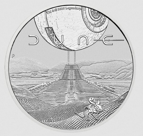 Detailreiche Motivseite der Dune Silbermünze 2026 mit Wüstenlandschaft, Raumschiff und der MuadDib Maus in stempelglanz Erhaltung.