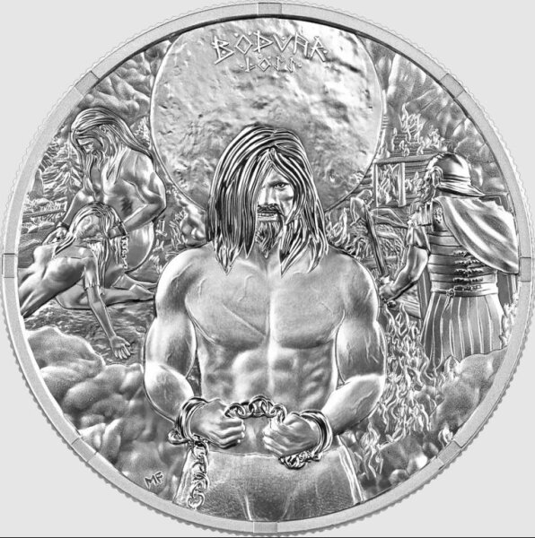 Vorderseite der 1 oz Silbermünze Bödvar Saga #1 Loss: Detailreiche Darstellung des Kriegers Bödvar in einem Moment des Schmerzes und Verlusts.