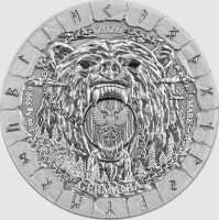 Rückseite der Bödvar Saga Silbermünze: Das zweiköpfige Adler-Wappen der Germania Mint mit mythologischen Ornamenten und Gewichtsangabe.