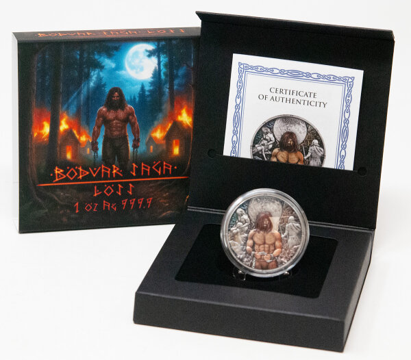 Motivseite der Vengeful-Edition: Bödvars Antlitz gezeichnet von Entschlossenheit und Rache, verpackt im kunstvollen Germania Mint Sammler-Blister.