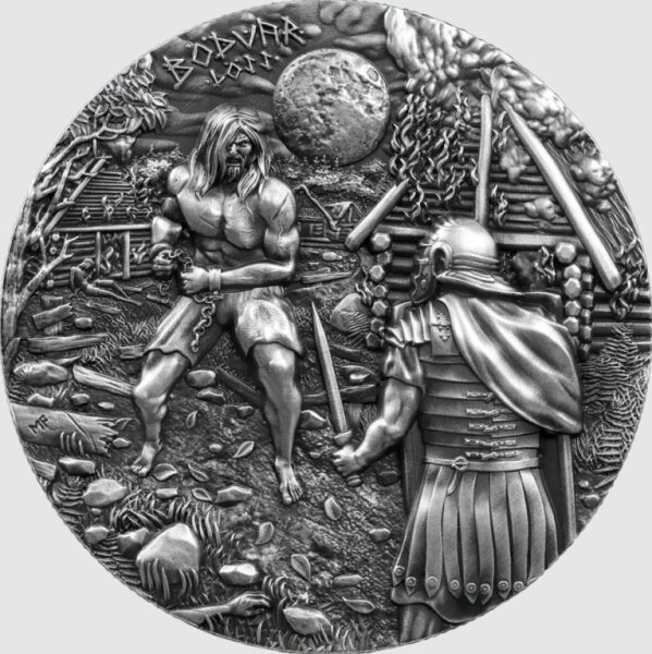 Beeindruckendes High Relief der 2 oz Bödvar Saga Loss: Dreidimensionale Tiefe, die den Krieger und die Details seiner Rüstung plastisch hervorhebt.