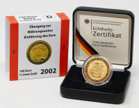 Vorderseite der 100 Euro Goldmünze 2002 Währungsunion mit dem Euro-Symbol und Sternen.