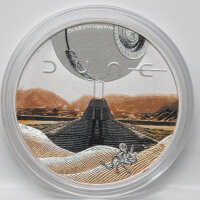 Sammlerset der 1 oz Dune Silbermünze mit dekorativer Kork-Box und Zertifikat.