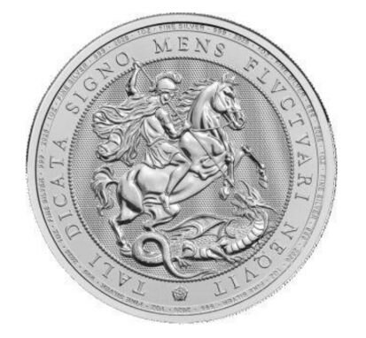 Das Motiv zeigt die dynamische Darstellung des Heiligen Georg zu Pferd, der mit einer Lanze den Drachen niederstreckt. Das Design ist im markanten Stil von George Kruger Gray gehalten. Am Rand befinden sich die Angaben 1 OZ FINE SILVER 999 und das Prägejahr 2026.