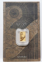 Vorderseite des 1g Dune Goldbarrens mit Sandwurm-Motiv in...